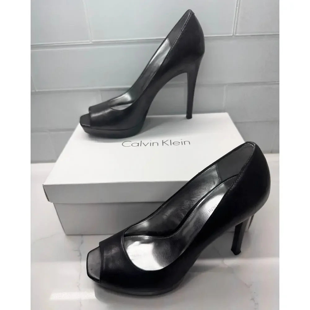 Calvin Klein Cora Burnished Calf Peep-toe Stiletto Platform Pumps Heels, Size 7M